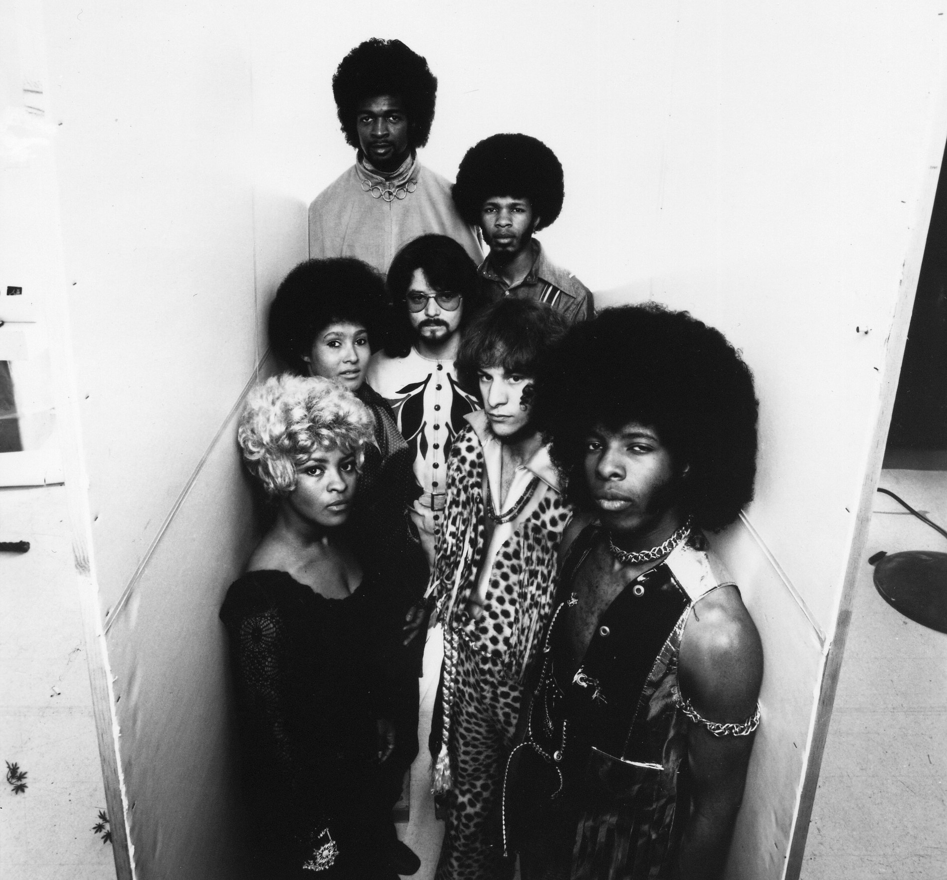 Sly and the Family Stone on March 26, 1969, just months before releasing <i>Stand!</i>(clockwise from bottom left) Rose Stone, Cynthia Robinson, Larry Graham, Freddie Stone, Sly Stone, Greg Errico, and Jerry Martini. Photo via Michael Ochs Archives/Getty Images.
